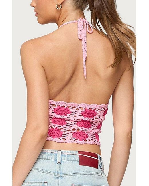 Edikted Pink Contrast Floral Crochet Halter Top
