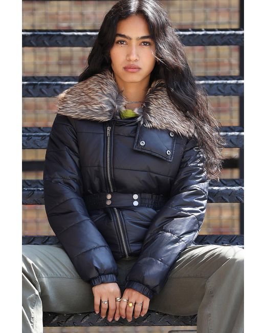 Urban Outfitters Blue Uo Sonja Asymmetric Belted Puffer Jacket