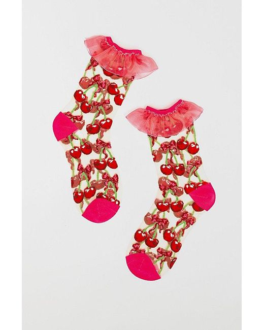 Sock Candy Red Cherry Bow Ruffle Sheer Sock