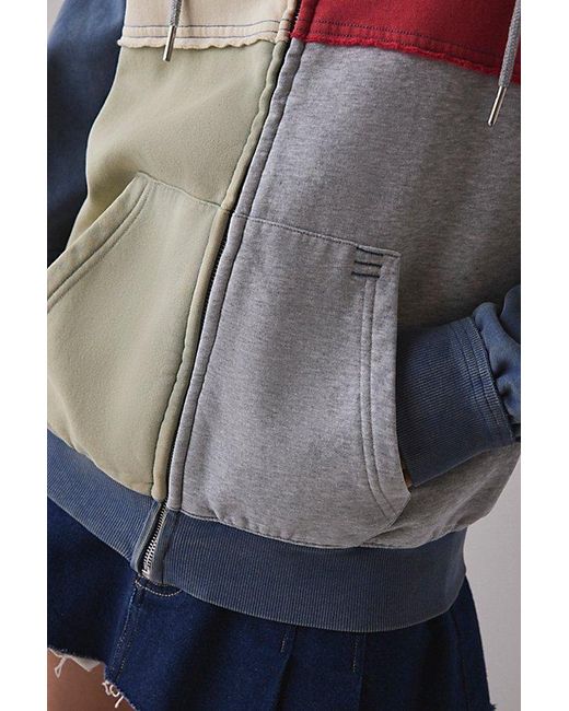 BDG Blue Dusty Colorblock Patchwork Oversized Zip-Up Hoodie Sweatshirt