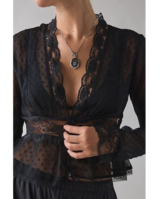 Kimchi Blue Gray Dolly Sheer Swiss Dot Lace Trim Babydoll Blouse