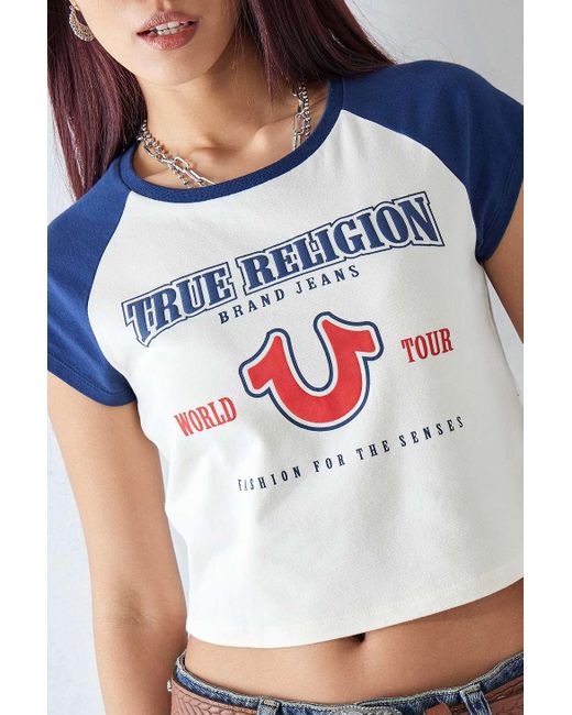 True Religion Blue Uo Exclusive Super Crop Raglan T-shirt