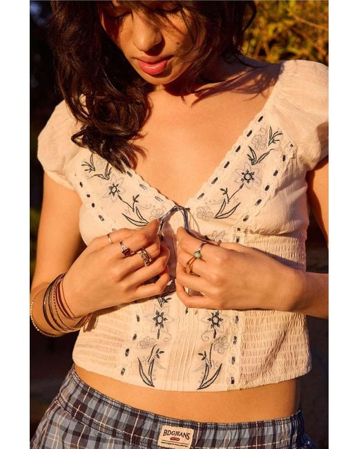 Urban Outfitters White Uo Blue Nova Embroidered Blouse