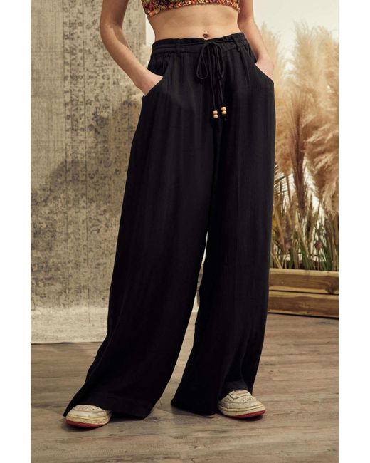 Urban Outfitters Synthetic Uo Black Woven Drawstring Beach Trousers ...