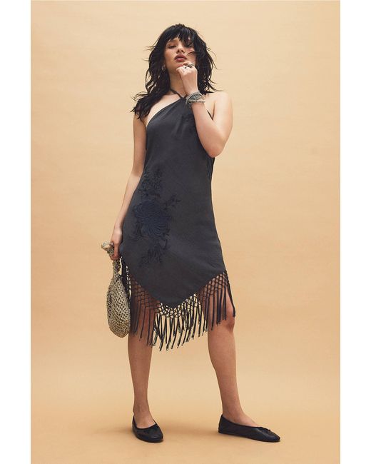 Kimchi Blue Blue Embroidered Flower Fringed Midi Dress