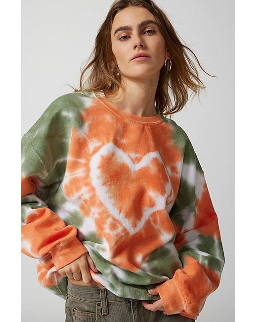 Urban Renewal Orange Remade Heart Tie Dye Crew Neck Sweatshirt