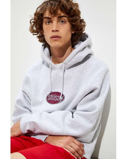 Stussy Gray Embroidered Oval Logo Hoodie Sweatshirt for men