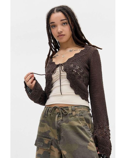 Urban Outfitters Brown Uo Rhodes Stitchy Tie-front Cardigan