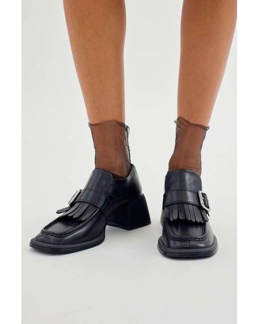 Office fisher chunky black hot sale leather fringed buckle loafers