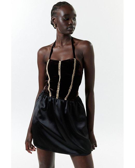ZEMETA Black Moonlight Satin & Velvet Halter Mini Dress