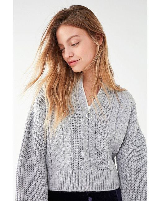 Urban Outfitters Gray Uo Cable Knit Half-zip Sweater