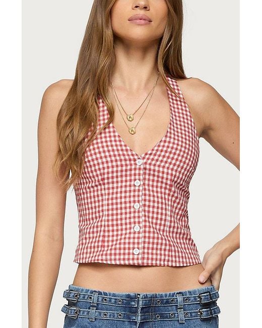 Edikted Pink Evan Gingham Button Up Halter Top
