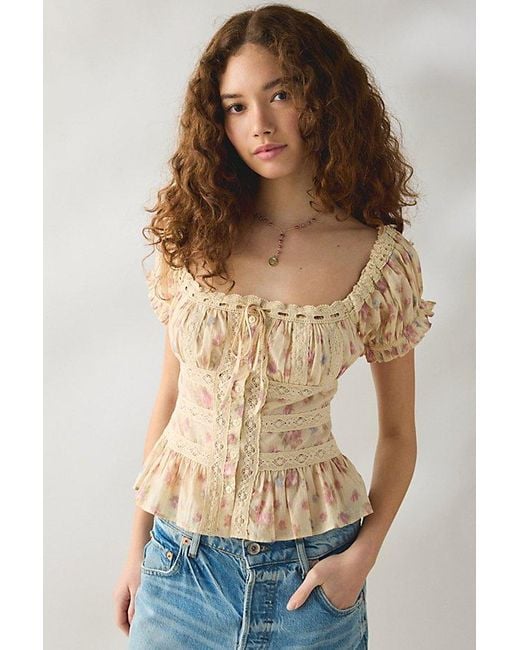 Kimchi Blue Brown Nora Lace Trim Puff Sleeve Button-Up Blouse