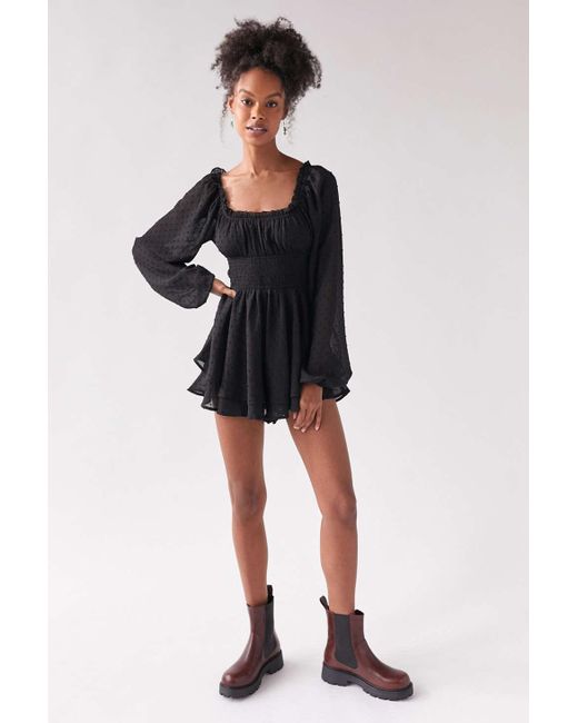 Urban Outfitters Black Uo Rosie Smocked Long Sleeve Romper