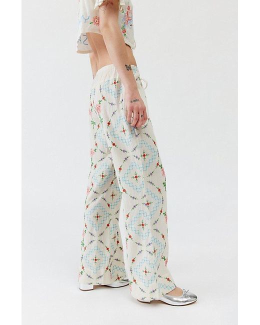 Urban Outfitters White Uo Amelie Embroidered Linen Pant