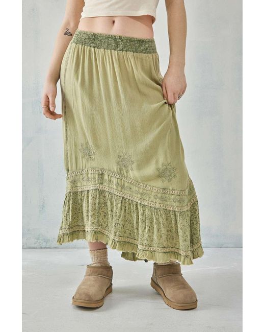 Urban Outfitters Green Uo Embroidered Acid Wash Asymmetrical Prairie Maxi Skirt