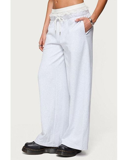 Edikted White Tamia Peekaboo Ruffle Lace Sweatpants
