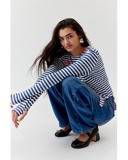 Urban Outfitters Blue Striped Bow Long Sleeve Baby Tee