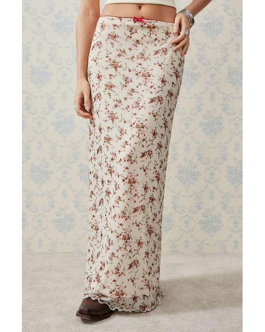 Urban Outfitters White Uo Floral Print Mesh Maxi Skirt