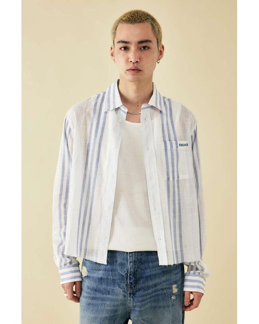 BDG Natural White Striped Cropped Raw Hem Shirt for men