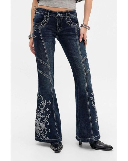 Minga June Blue Washed Embroidered Flared Jeans