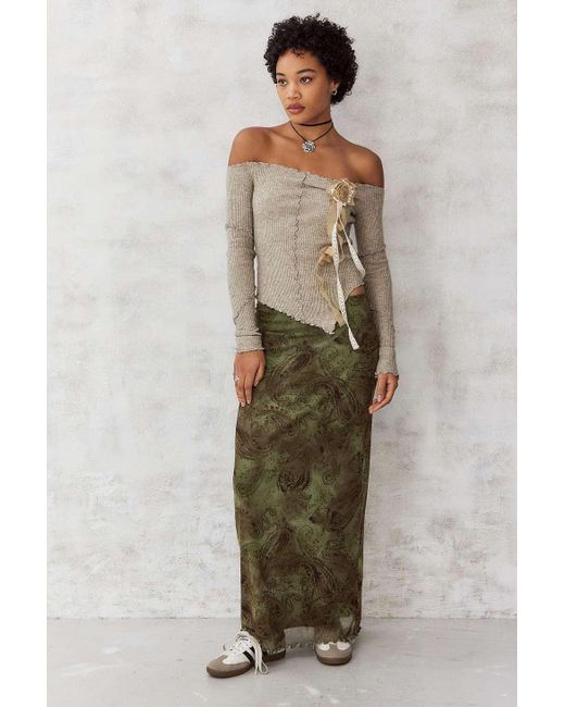 Urban Outfitters Green Uo Paisley Print Mesh Maxi Skirt