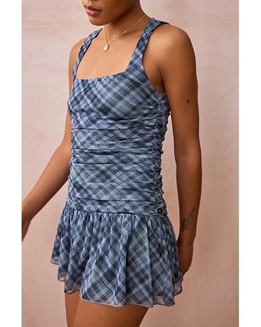 Urban Outfitters Blue Uo Sabrina Check Mesh Romper