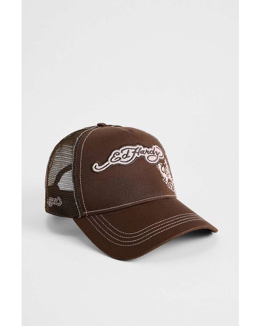 Ed Hardy Brown Raw Edge Appliqué 5 Panel Trucker Cap