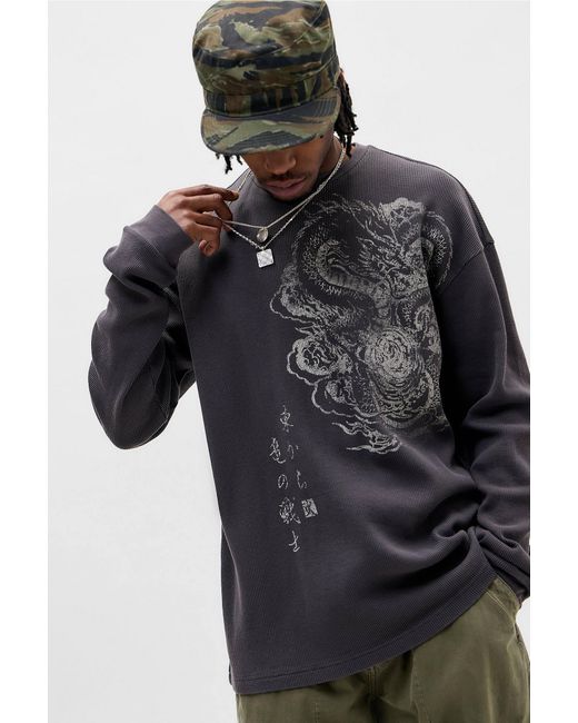 Urban Outfitters Uo Black Dragon Long Sleeve Waffle T-shirt for men