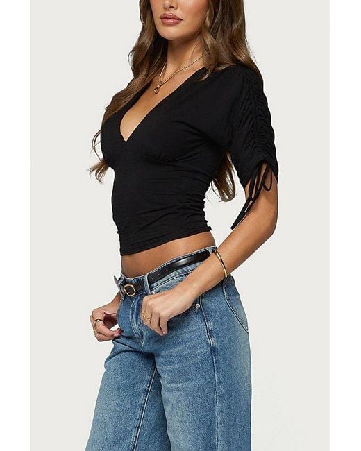 Edikted Black Muriel Drawstring V Neck Top