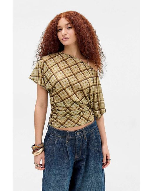 Silence + Noise Blue Silence + Noise Sasha Slash Neck Ruched Waist T-shirt