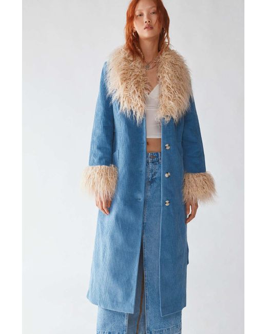 Urban Outfitters Uo Tasha Faux Fur Corduroy Longline Coat in Blue | Lyst