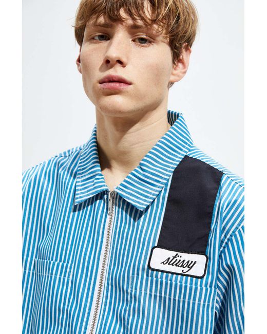 Stussy Zip-up Short Sleeve Striped Work Shirt in Blue for Men | Lyst