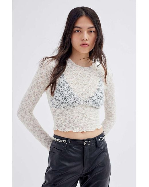 Urban Outfitters White Uo Mimi Semi-sheer Textured Crew Neck Top