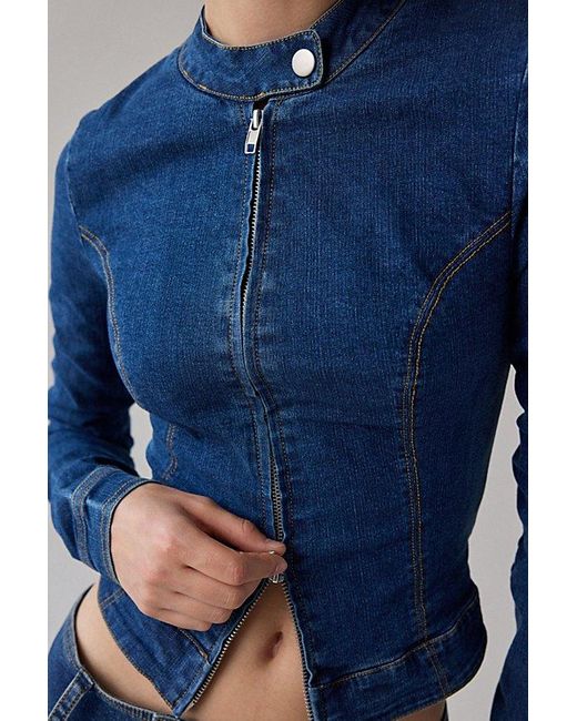Urban Outfitters Blue Uo Sloane Slim Long Sleeve Zip-Front Moto Denim Top