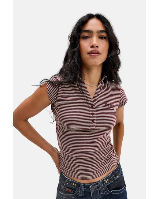 BDG Brown Suni Stripe Short Sleeve Polo Shirt Xs At Urban Outfitters