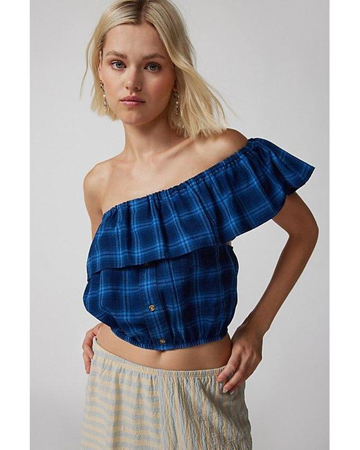 Urban Renewal Blue Remade One Shoulder Flannel Ruffle Top