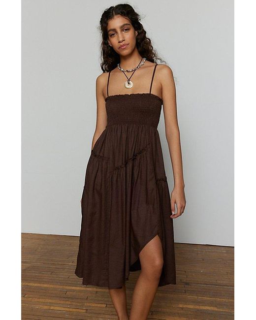 Urban Renewal Brown Ecovero️ Linen Asymmetrical Smocked Midi Dress