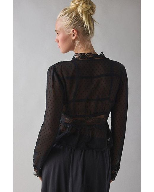 Kimchi Blue Gray Dolly Sheer Swiss Dot Lace Trim Babydoll Blouse