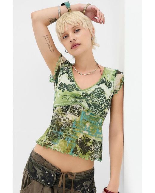 Urban Outfitters Green Uo Erica Short Sleeve Mesh Top