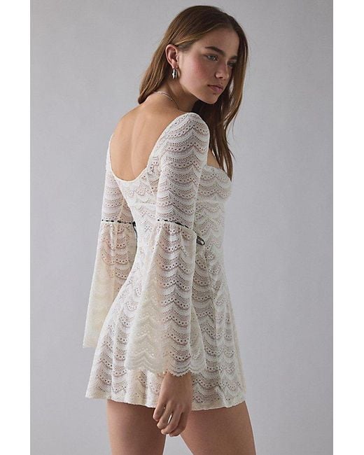 knee length dresses for ladies Berylove Women White Lace Long Sleeve Mini Dress Jewel Neck A Line Little White Dress, White / US14 main image 1