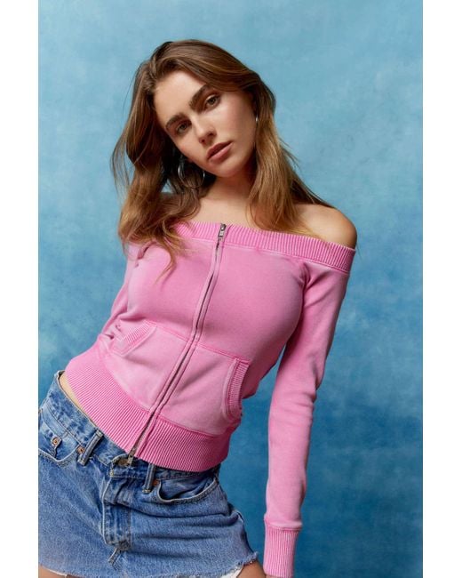 BDG Daria Off-the-shoulder Zip-up Sweatshirt In Pink At Urban Outfitters