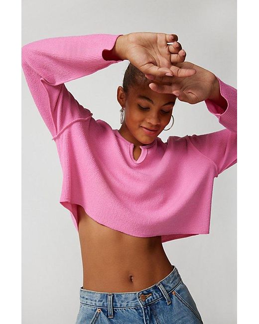 Urban Outfitters Pink Uo Parker Notch Neck Ribbed Long Sleeve Top