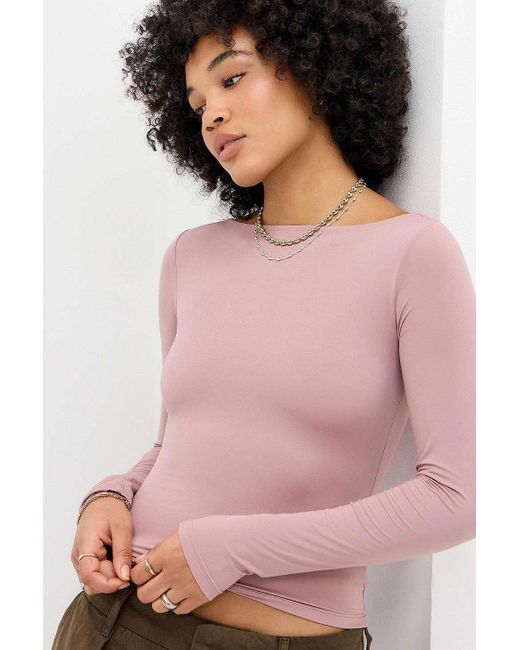 Urban Outfitters Pink Uo Mia Slinky Slash Neck Long Sleeve T-shirt