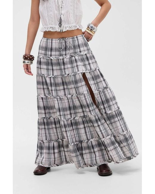 Urban Outfitters Gray Uo Sadie Check Prairie Maxi Skirt
