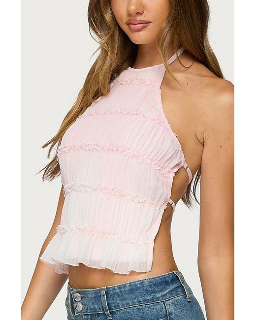 Edikted Blue Amit Tiered Chiffon Halter Top