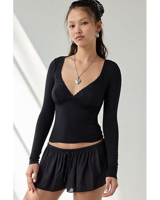 Out From Under Black Soft Touch Plunging Lace Trim Long Sleeve Top