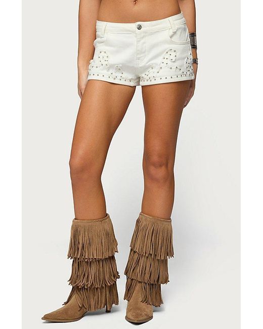 Edikted White Studded Patchwork Low Rise Denim Shorts