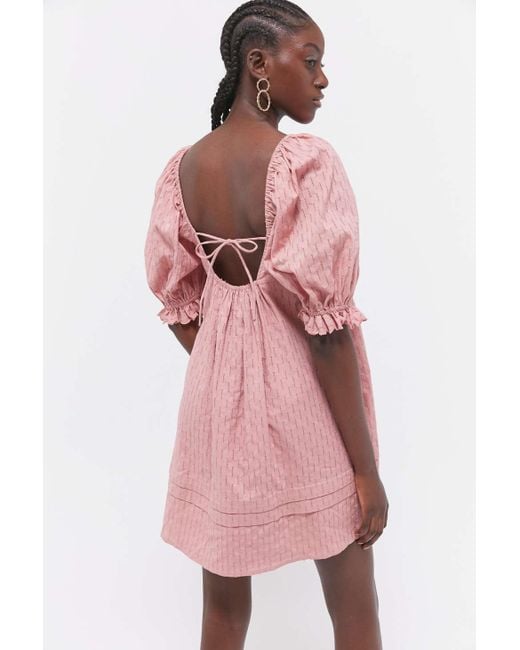 Urban Outfitters Pink Uo Embroidered Puff Sleeve Babydoll Dress