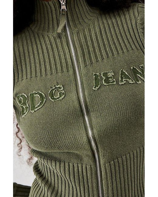 BDG Green Khaki Zip-Through Distressed Knit Track Top